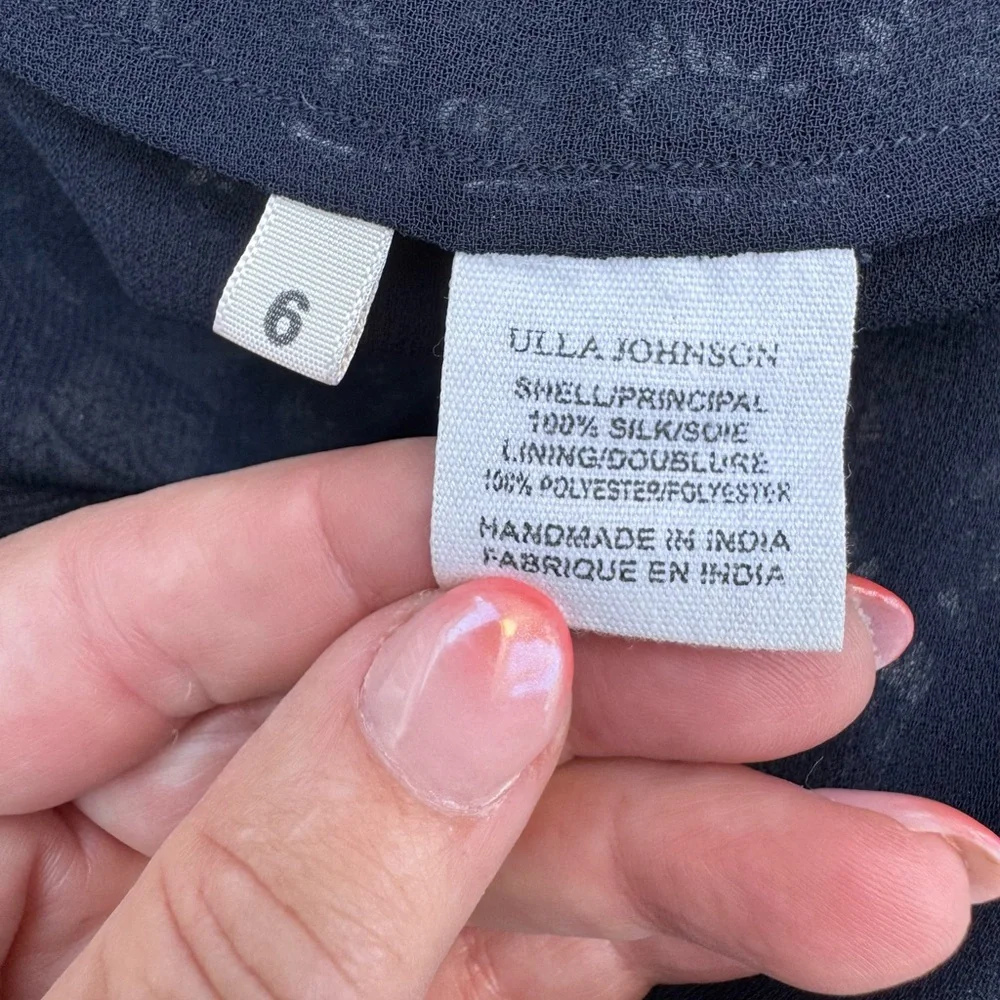 ULLA JOHNSON: Silk Georgette Tropez Paisley Dress in Navy, Size 6 - Picture 7 of 10